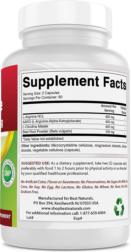 Best Naturals L-Arginine NO Booster Triple Strength 1300 mg Serving 120 Veg Capsules (120 Count (Pack of 3))