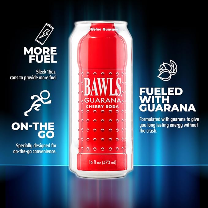 BAWLS Guarana Cherry BAWLS Guarana Drink Guarana Soda Guarana Fueled Soda for Energy High Energy Caffeinated Drink 16oz 12 Pack Cans