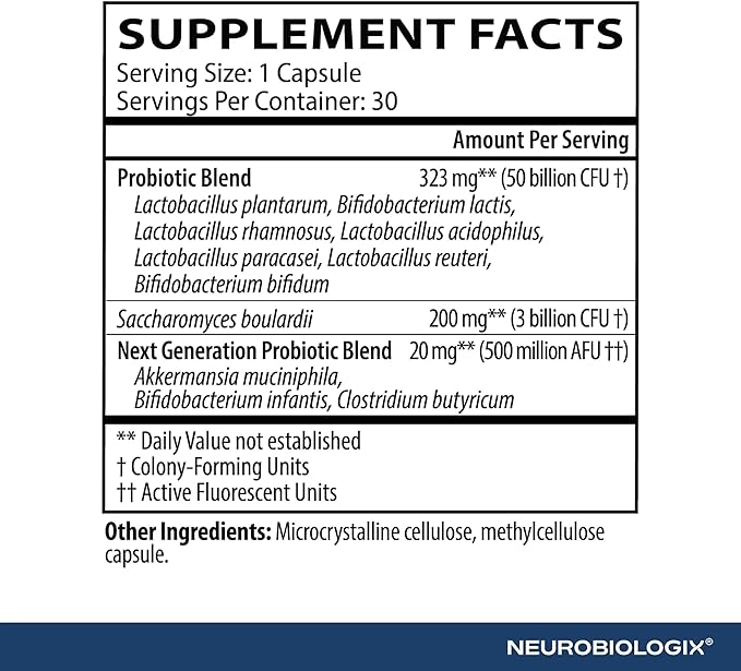 Neurobiologix Biotic Supreme 50 50 Billion CFU Probiotics with Akkermansia Saccharomyces boulardii Prebiotic Supports Gut Flora Microbial Digestive &amp Immune Health 30 Capsules