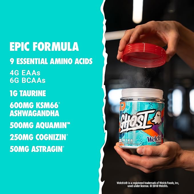 GHOST Intra Workout Powder Welch's Grape - BCAAs &amp EAAs Nootropics &amp Hydration - Essential &amp Branch Chain Amino Acids Supports Muscle Recovery &amp Focus - Pre Intra &amp Post Workou