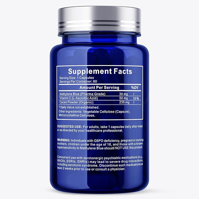 30mg Methylene Blue Capsules Pharmaceutical Grade Methylene Blue Supplement with Vitamin C and Organic Cacao 60 Vegan Capsules