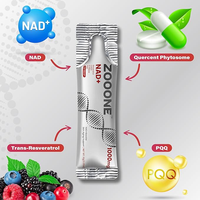 zooone NAD+ 1000mg Liquid Packets Supplement - Premium Nicotinamide Riboside &amp Resveratrol for Cellular EnergyAdvanced NAD Booster for Men &amp Women (60 Pocket)