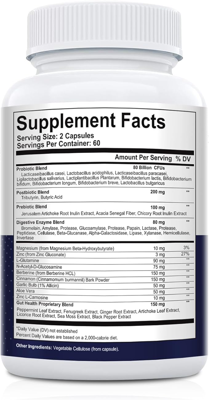 Migcopat Probiotic Prebiotic Postbiotic &amp Digestive Enzymes for Digestive Health 80 Billion CFU Probiotics Complete Gut Support with Berberine Cinnamon L-Glutamine for Men &amp Women 120 Ca