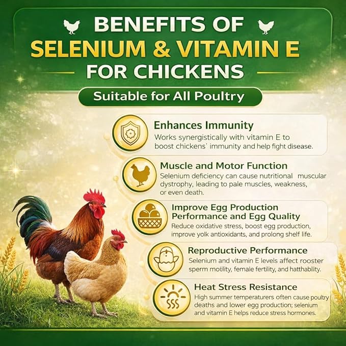 8 oz (227 g) Selenium &amp Vitamin E Powder for Chickens Selenium Supplement for Chickens Supports Immune &amp Muscle Health Suitable for All Poultry