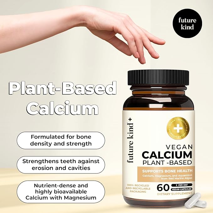 Future Kind Vegan Calcium Supplement - Plant-Based Calcium Magnesium Supplement Sourced from Iceland for Teeth &amp Bone Support (60 Capsules)