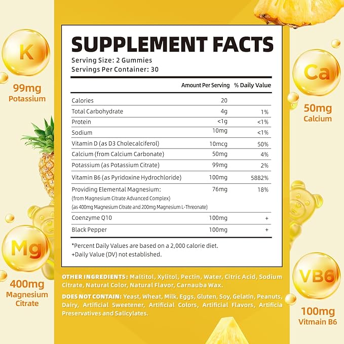 softbear Potassium Gummies for Adults Sugar-Free Potassium Magnesium Supplement with Vitamin B6 CoQ10 for Muscle Cramps Vegan Pineapple Flavor 120 Gummies