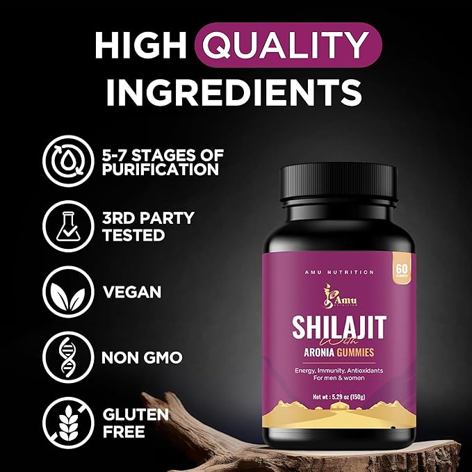 AMU NUTRITION Shilajit Gummies for Men &amp Women with Aronia Berries Fulvic Acid &amp 85+ Trace Minerals I MenWomen I Non-GMO I Lab Tested I 100% Natural I 60 Gummy (60 Count (Pack of 1) Aronia B