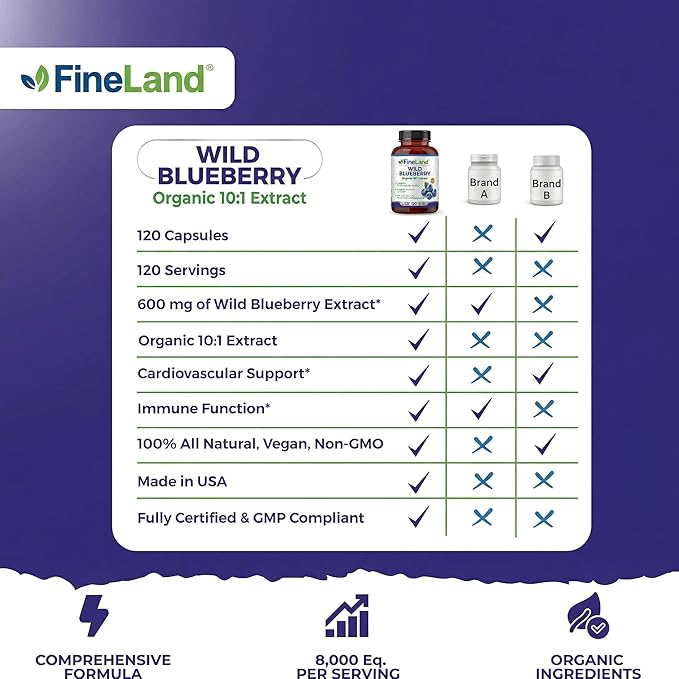FineLand Wild Blueberry Extract Rich in Flavonoids &amp Anthocyanins Antioxidant Support for Brain &amp Heart Health 4-Month Supply 120 Vegan Capsules Non-GMO Made in USA