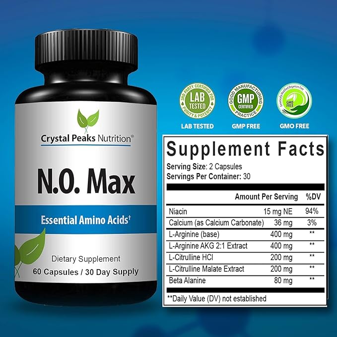 N.O. Max Nitric Oxide Supplement - L Arginine Citrulline Malate AAKG Beta Alanine Amino acids - 60 Capsules