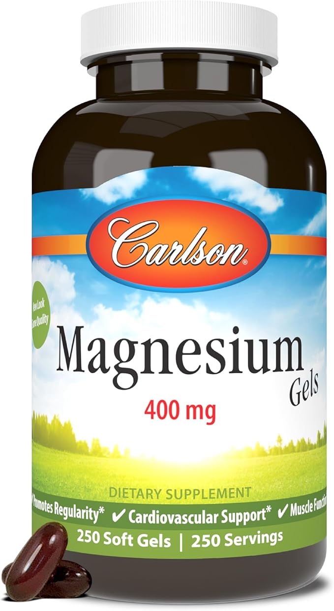 Carlson - Magnesium Gels 400 mg of Magnesium per Softgel Heart &amp Muscle Support Magnesium Gel Caps Bowel Function Magnesium Supplement 250 Softgels