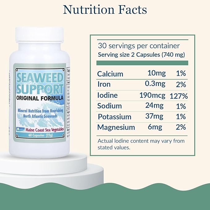 Maine Coast Sea Vegetables Seaweed Support Original Formula | Natural Source of Iodine from Seaweed | Daily Use Iodine Supplement | Organic Alaria Sea Lettuce Dulse &amp Bladderwrack blend | 60 Cap