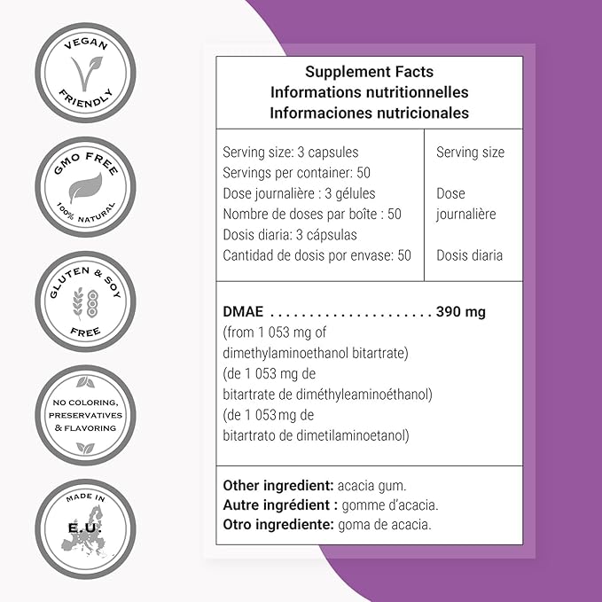 Supersmart - DMAE Supplement 390mg per Day (Dimethylaminoethanol) - from DMAE Bitartrate - Choline Production | Non-GMO &amp Gluten Free - 150 Vegetarian Capsules