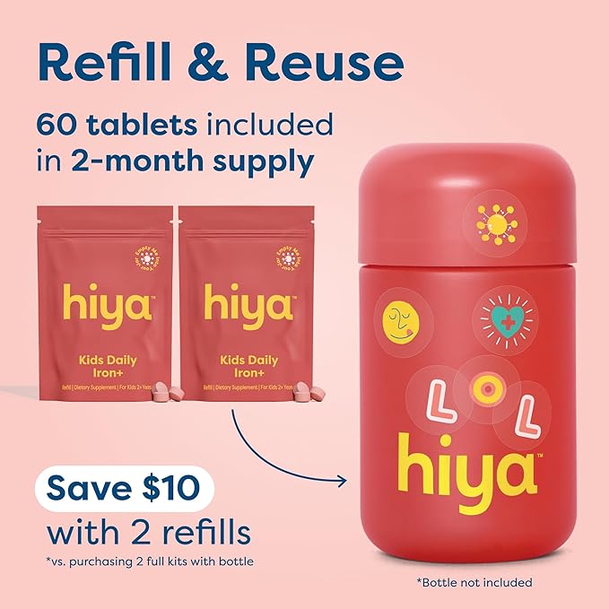 Hiya Iron+ Supplements for Kids - High Absorption Iron Supplement - Delicious Strawberry Flavor &amp Easy on Children's Stomach - No Added Sugar &amp Third Party Tested - 60 Day Refill Supply for To