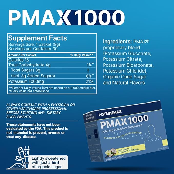 PMAX1000 High Dose Pure Potassium Electrolyte Supplement Powder 1000mg 4-Type Potassium Blend-Citrate Gluconate BicarbonateChloride Supports Healthy Blood Pressure Heart Kidneys Bones Muscles
