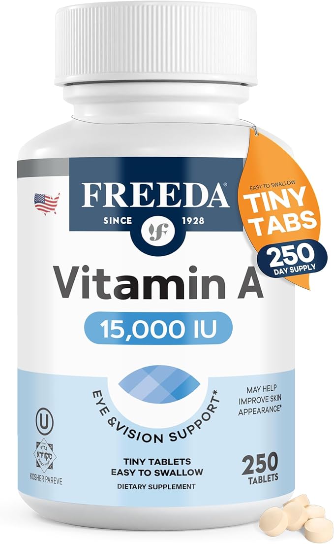 Freeda Vitamin A 15000 IU – Retinyl Palmitate – Vegan Kosher No Fish – Eye Vision Immune &amp Skin Support – Tiny Easy-to-Swallow Tablets – VIT A Vitamina A Supplement – 250 Tablets