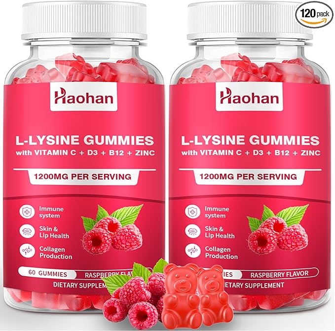 Haohan L-Lysine 1200mg Gummies for Immune Support &amp Skin Health - High Potency Vegan Gummies Sugar-Free Raspberry Flavor for Adults &amp Kids - 120 Count