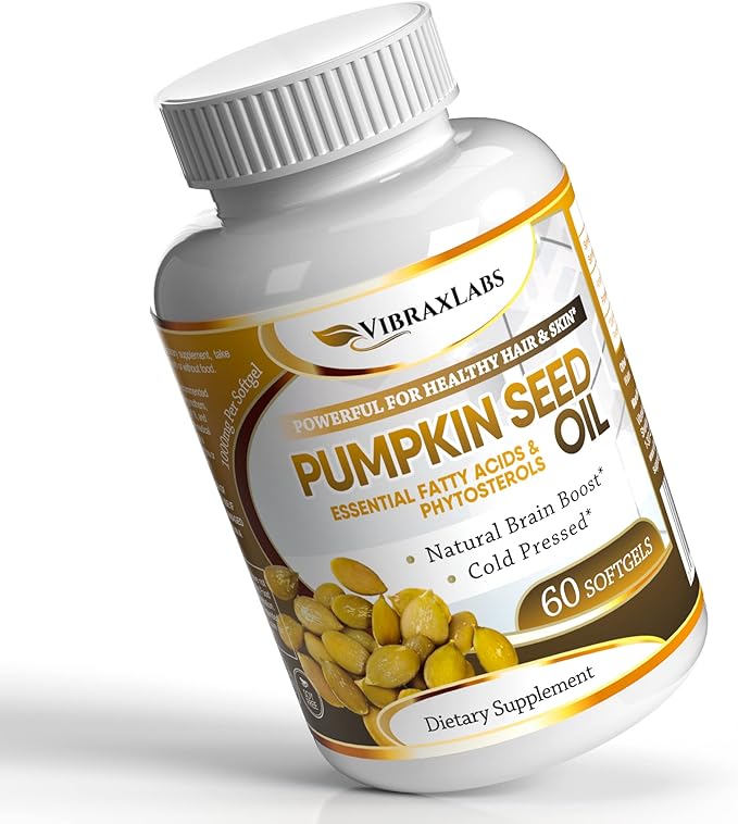 vibraxlabs Pumpkin Seed Oil - 100% Cold Pressed Pure 1000mg Extraction - Best for Hair Growth Younger Looking Skin &amp Face Bladder Control Supplement 60 Softgels