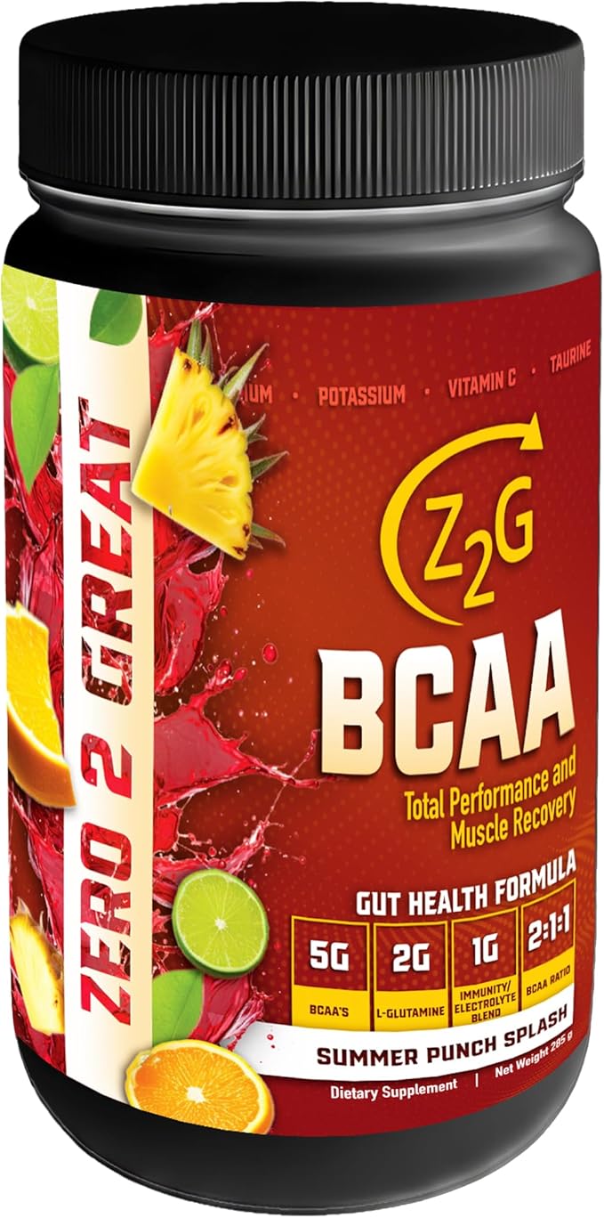Z2G BCAA Powder – Summer Punch Splash | Gut Health + Total Performance &amp Muscle Recovery with 5g BCAAs 2g L-Glutamine 1g Immunity Electrolytes | Easy to Mix | Sugar-Free Gluten-Free Dairy-Free
