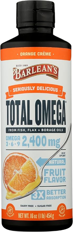 Barlean's Total Omega 3 6 9 Liquid Fish Oil Supplement with Borage and Flaxseed Oil Orange Crème 2400 mg of EPA DHA and GLA Fatty Acids 16 oz