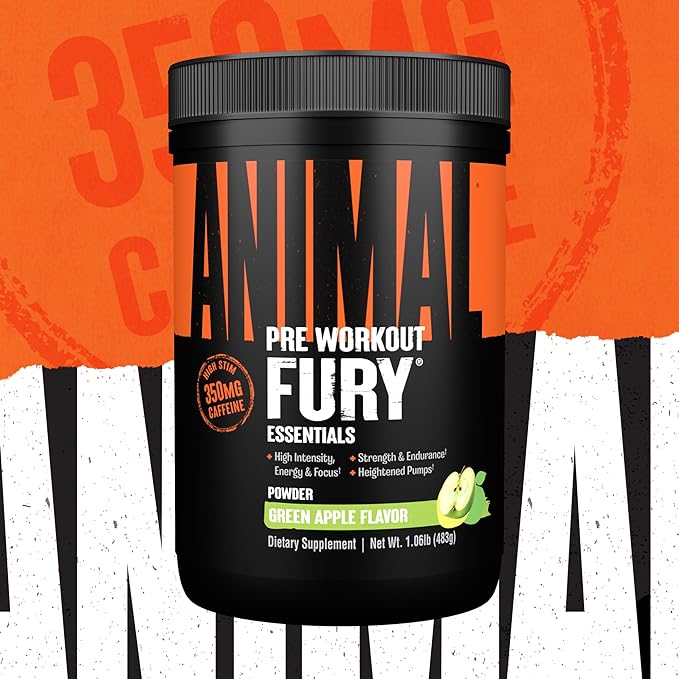 Animal Fury Pre Workout Powder - Green Apple 350mg Caffeine BCAA Amino Acids 2g Beta Alanine Citrulline &amp Tyrosine Energy Focus Strength Endurance Preworkout for Men &amp Women 30 Servi