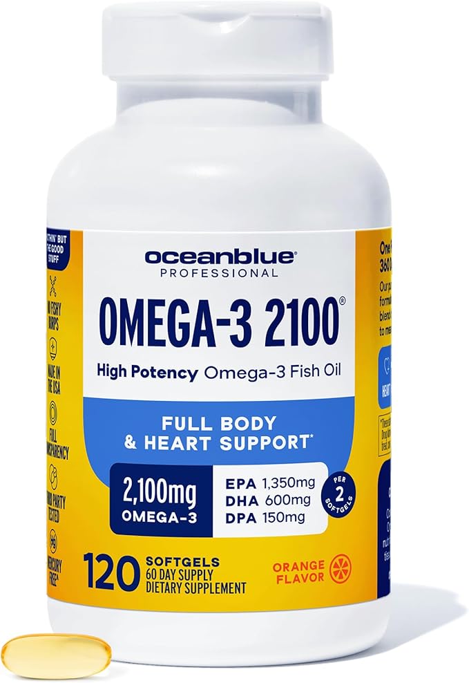 Oceanblue Professional Omega-3 2100mg Fish Oil Supplement – Triple Strength High Potency EPA DHA &amp DPA – Burpless Wild-Caught Natural Orange Flavor – 120 Count (Pack of 1)