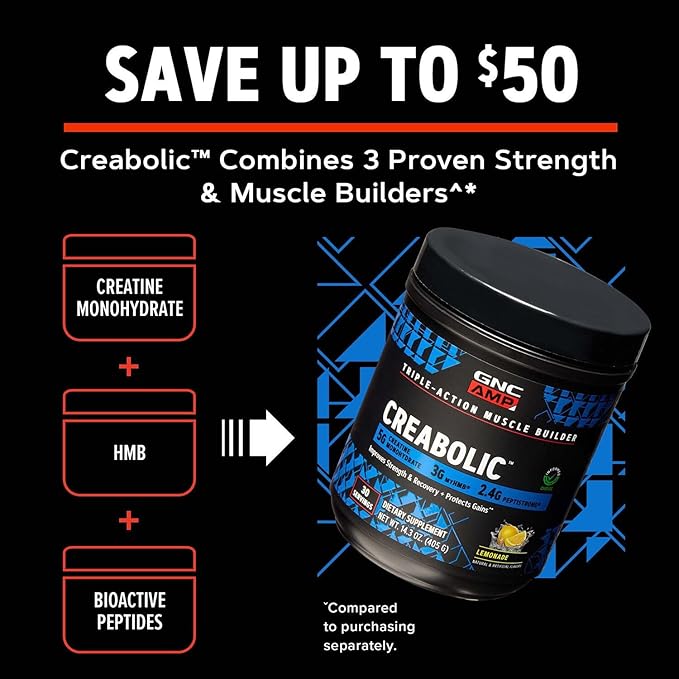 GNC AMP Creabolic - Creatine Monohydrate Powder - High-Potency 5g Creatine with HMB &amp PeptiStrong - Triple Action Muscle Formula - No Added Sugars - Lemonade - 30 Servings