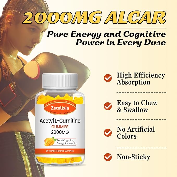 2 Pack Acetyl L-Carnitine Gummies L-Carnitine Supplement for Women &amp Men Nutrition Supplement for Boost Energy Immunity &amp Brain Health Vegan Non-GMO Mango Flavor 120 Count