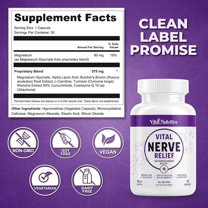 Vital Nerve Supplement – Alpha Lipoic Acid Magnesium CoQ10 – Vegan Non-GMO Gluten-Free Sugar-Free Dairy-Free – Daily Wellness &amp Comfort Support – 30-Day Supply