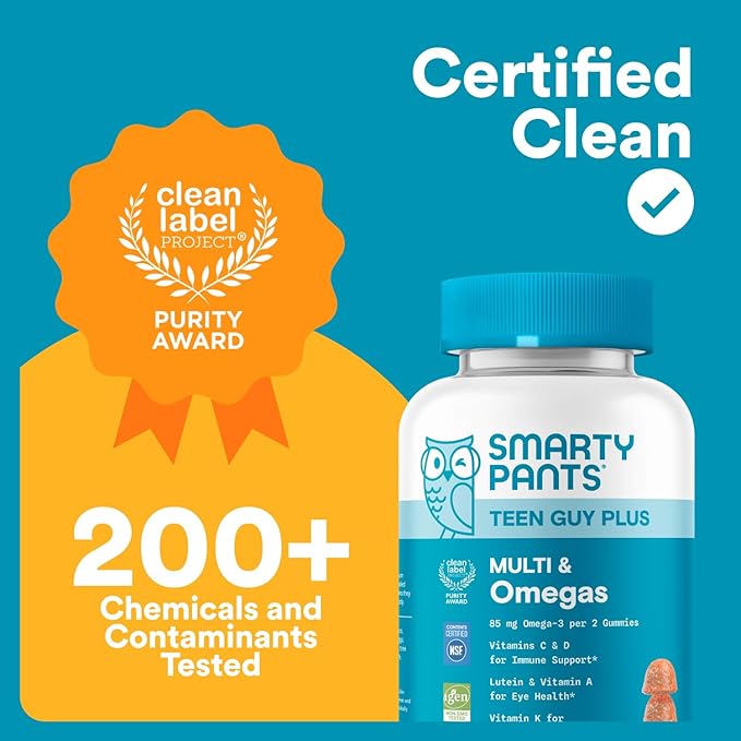 SmartyPants Teen Guy Multivitamin Gummies Omega 3 (DHA/EPA) Vitamin D3 C Vitamin B12 B6 A K &amp Zinc Folate Gluten Free Fruit Flavor 60 Count (30 Day Supply)