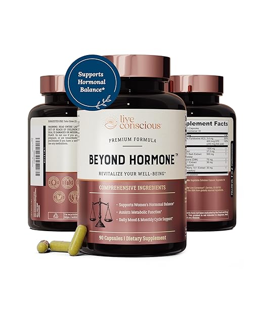 Live Conscious Beyond Hormone Daily Menopause &amp PMS Supplement - Metabolism Support &amp Healthy Estrogen Balance for Women - Berberine DIM Chaste Tree Berry Maca Root Myo &amp D-Chiro-Inosi