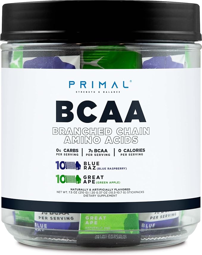Primal BCAA Variety Pack Blue Raspberry + Great Ape Green Apple Flavored (20 Stickpacks) - 7G BCAA per Serving Branched Chain Amino Acids
