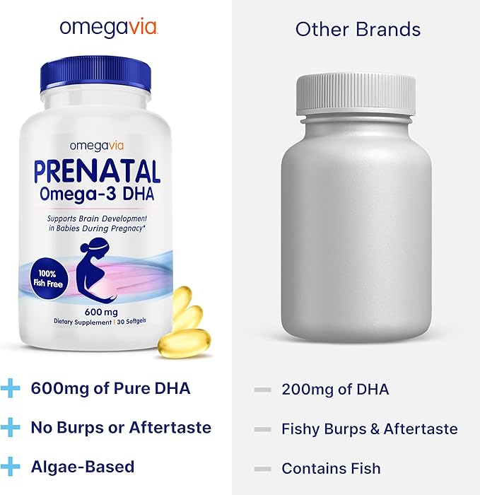 OmegaVia Prenatal DHA 600mg | Fish-Free Omega-3 Supplement | Supports Baby’s Brain Eye &amp Nervous System Development | Safe for Pregnancy &amp Lactation | 30 Easy-to-Swallow Softgels