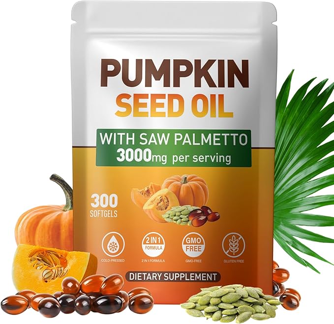 Pumpkin Seed Oil Capsules - Saw Palmetto Pumpkin Seed Oil 300 Softgels Prostate Health Immune and Urinary Tract Support Promotes Hair Growth - Pure Non GMO