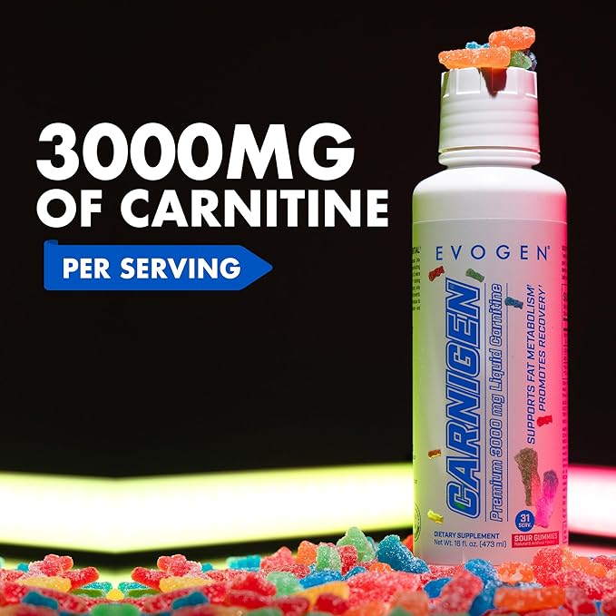 Evogen Carnigen Premium L Carnitine Liquid – L Carnitine 3000 Supplement | L Carnitine Supplement for Fat Metabolism &amp Recovery | Acetyl L-Carnitine | Caffeine Free | Sour Gummies | 31 Servings