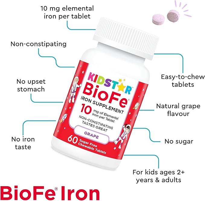 KidStar Nutrients BioFe Pure Iron Chewables Natural Grape Flavour 10 Mg Iron Per Tablet No Sugar 60 Chewable Tablets