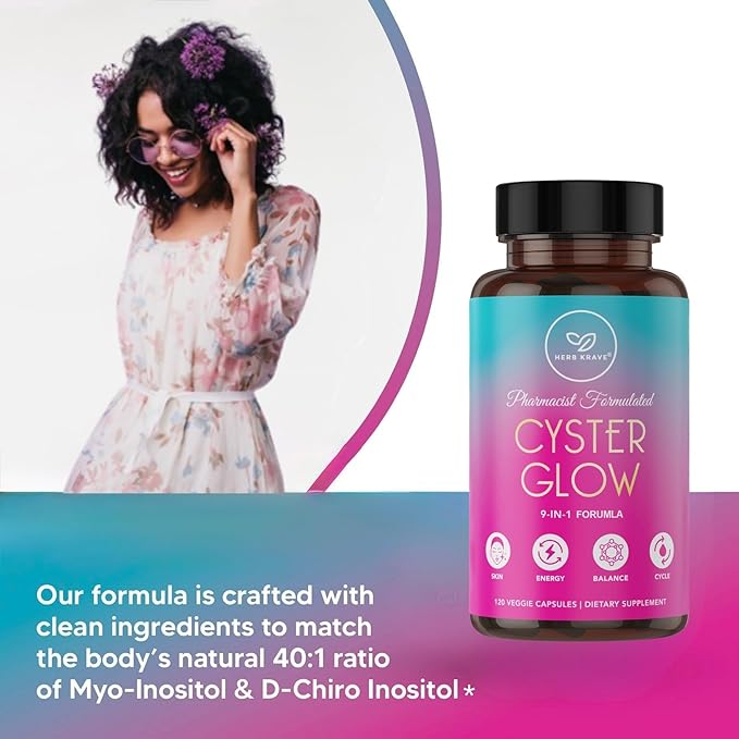 Cyster Glow 9-in-1 Women’s Inositol Complex – Myo &amp D-Chiro Inositol 40:1 – Pharmacist-Formulated Daily Wellness Support.