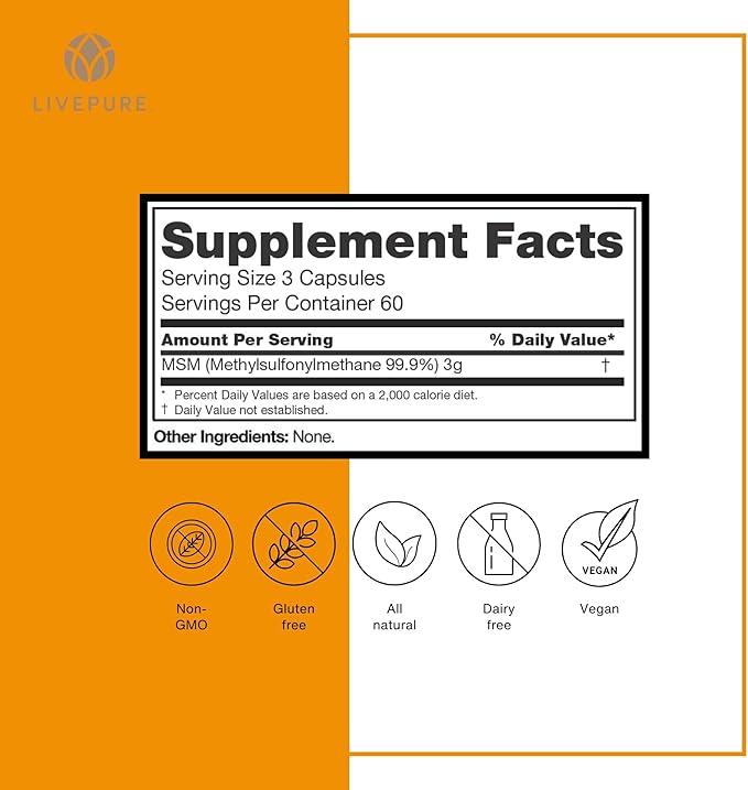 PURE | Organic Sulfur MSM | 180 Capsules | Premium MSM Powder for Joint Health | MSM Powder for Hair Growth and for Enhanced Health of Hair Skin and Nails | Vegan Non-GMO and Gluten Free