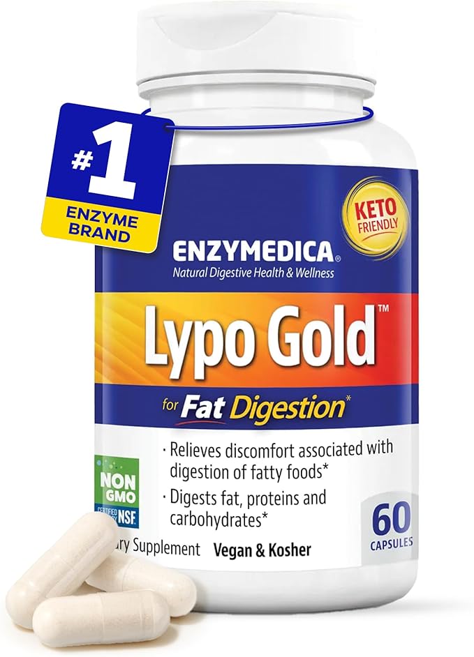 Enzymedica Lypo Gold - Protease Amylase &amp Lipase Digestive Enzymes for Women &amp Men Enzyme Supplement for Fat Digestion Gut Health &amp Gallbladder Support Helps Gas &amp Bloating Gluten
