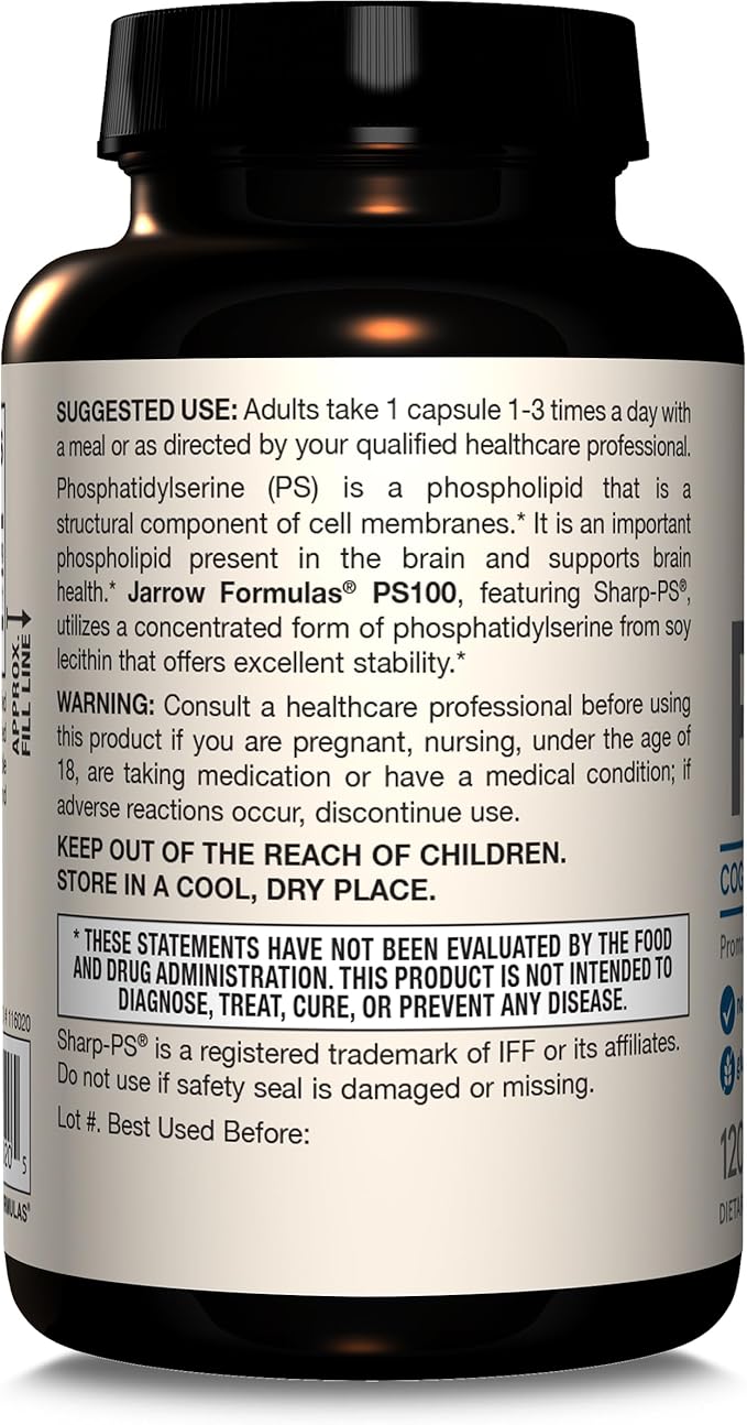 Jarrow Formulas PS100 Phosphatidylserine 100mg Dietary Supplement for Brain Health and Cognitive Function Support 120 Capsules Up to a 120 Day Supply