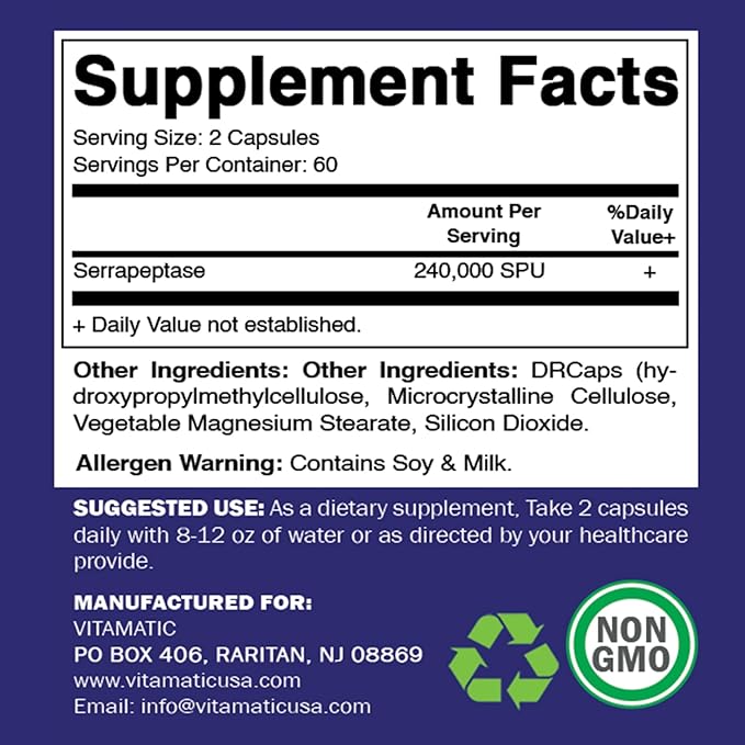 Vitamatic Serrapeptase 240000 SPU Servings 120 Delayed Released Capsules - Enteric Coated - Non-GMO- Made in The USA (120 Count (Pack of 4))