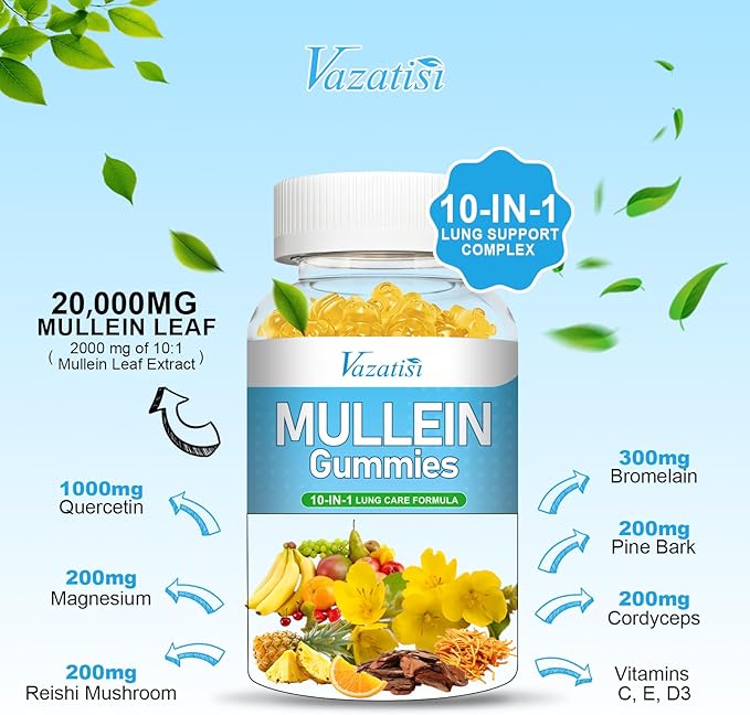 Mullein Gummies Mullein Leaf Extract for Lungs Gummies with Bromelain Quercetin Magnesium - Lung Detox &amp Cleanse Pineapple Flavor 120Cts