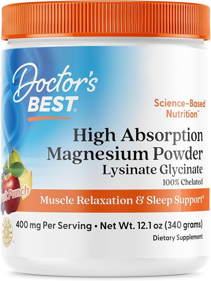 Doctors Best High Absorption Magnesium Powder Lysinate Glycinate 100% Chelated Muscle Relaxation &amp Sleep Support Gluten Free Vegan 100% Chelated Net Wt. 12.1 oz (340 Grams) Fruit Punch Flavor