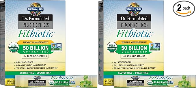 Garden of Life Dr. Formulated Probiotics Fitbiotic Weight Management Powder50 Billion CFU &amp Prebiotic FiberOrganic &amp Non-GMO Digestive Gut Health Probiotic Supplement20 Serving Packets(Pac