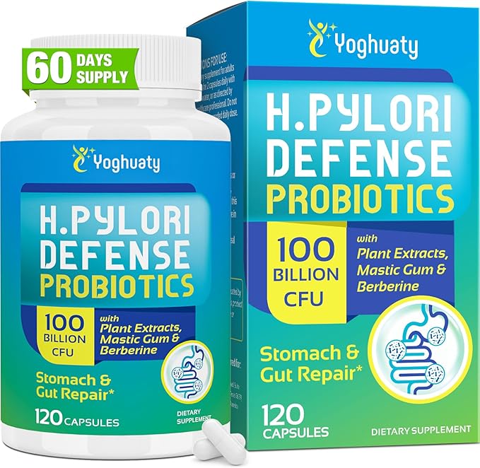 H. Pylori Defense Probiotics 100 Billion CFU - Lactobacillus Reuteri Mastic Gum Berberine Zinc Carnosine Green Tea for Digestive &amp Gut Health Stomach Comfort Vegan 120 Capsules
