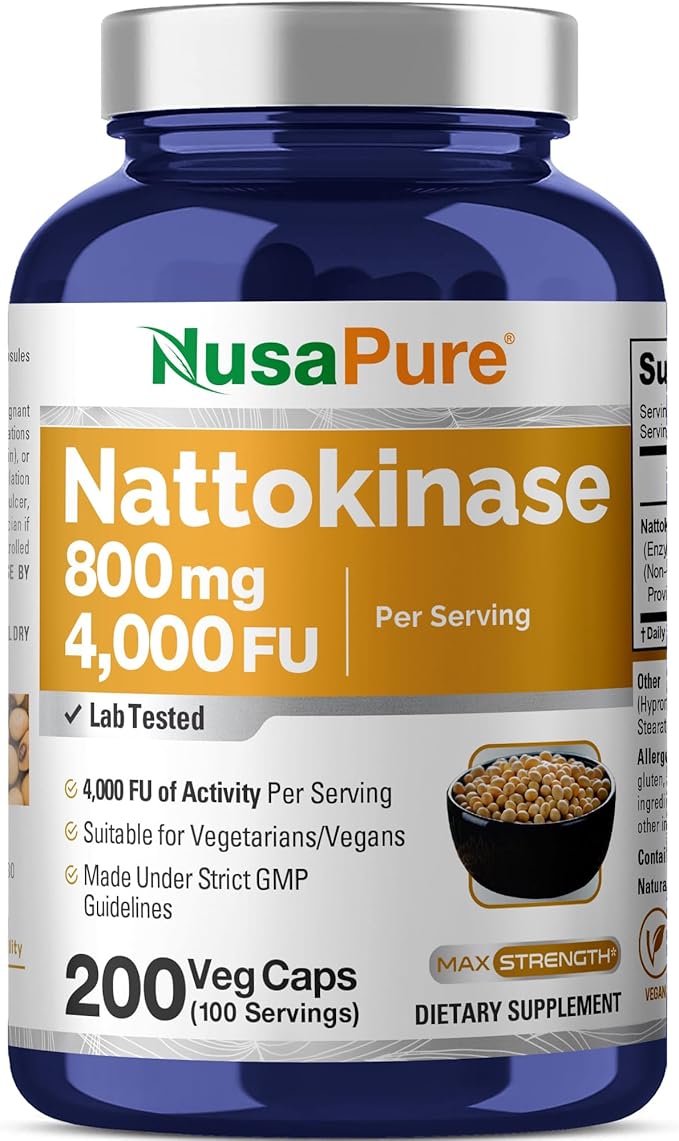 NusaPure Nattokinase 4000 FU 800mg 200 Veggie Capsules (Vegan Non-GMO)