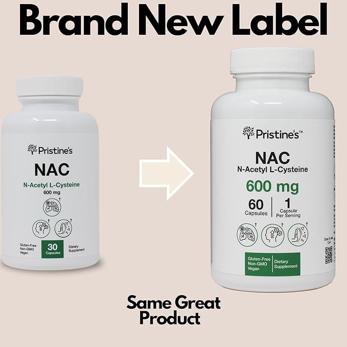 PRISTINE'S N-Acetyl L-Cysteine (NAC) 600MG (2 Pack) Immunity Support Supplement - 120-Day Supply - Potent Lung &amp Liver Antioxidant Supplement Capsules - Mood Support - Vegan Glutern Free Non GMO
