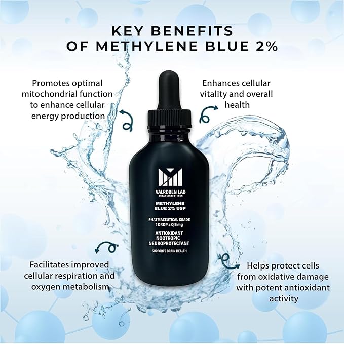 2% Methylene Blue Pharmaceutical Grade - Made in USA - Third Party Tested - Dietary Supplement - Formaldehyde &amp Alcohol-Free - Methane Blue for Humans 2% Drops (118ML Bottle)