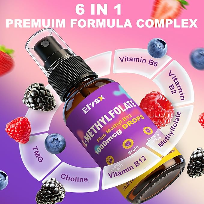 Liquid Methylfolate &amp B12 Spray Methylated Folate Drops for Kids &amp Adults with Choline TMG &amp Vitamins MTHFR Support Brain Health Immunity 2 Fl Oz