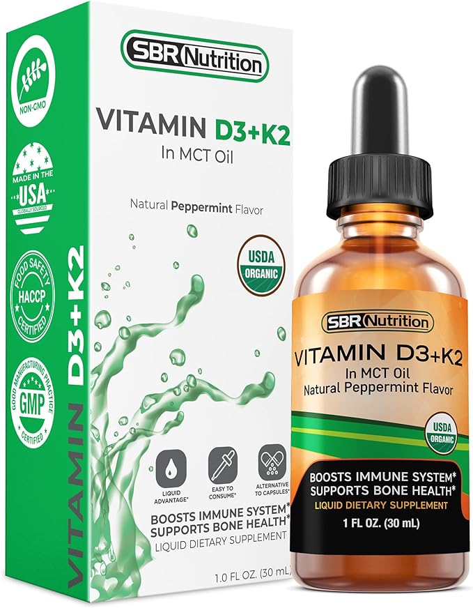 SBR Nutrition MAX Absorption Vitamin D3 + K2 (MK-7) Liquid Drops with MCT Oil Peppermint Flavor Helps Support Strong Bones and Healthy Heart