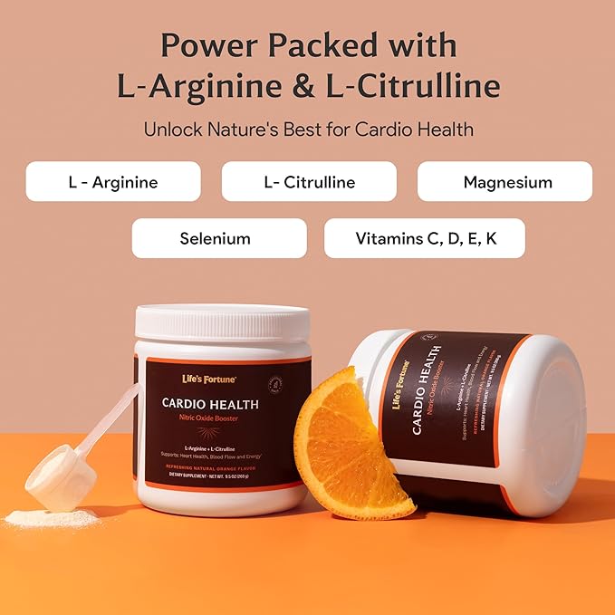 Life's Fortune 5000mg L- Arginine Supplement Powder &amp 1000mg L-Citrulline High Potency Nitric Oxide Health Booster Endurance Workout Performance Natural Orange Flavor (20 Servings)